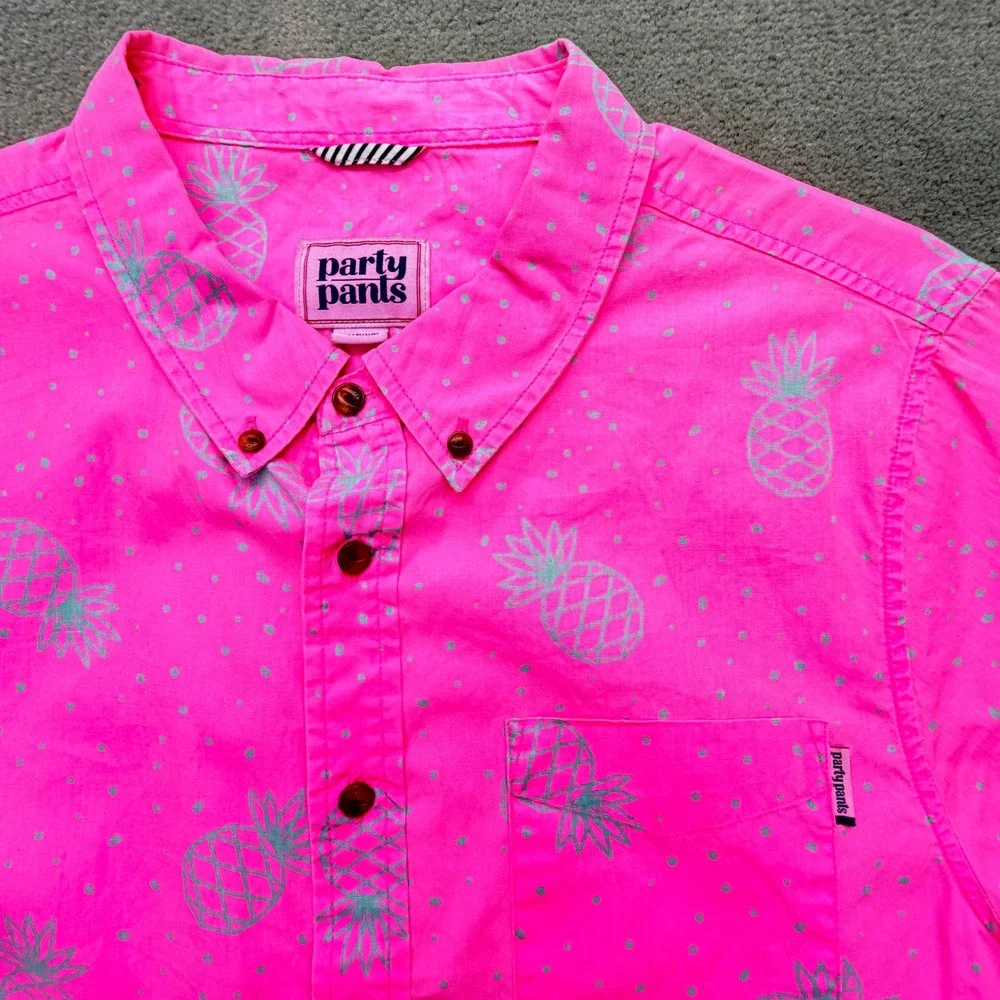 Party Pants Mens Neon Pink Pineapple Print Short Sleeve Button Down Shirt Medium